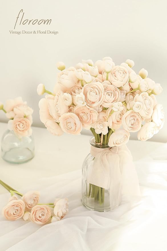 Floroom Ranunculus Artificial Flowers 18 Pcs Champagne Faux Silk Mini Ranunculus Bulk Fake Wedding Filler Flowers for DIY Cream Bouquets, Centerpieces, Bridal Shower Decorations & Arrangements