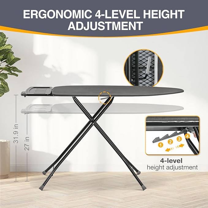 APEXCHASER Ironing Board, Full Szie Iron Board with Iron Rest,Height Adjustable,Extra Thick Heat Resistant Cover with Sleeve Board 15x45 Grey