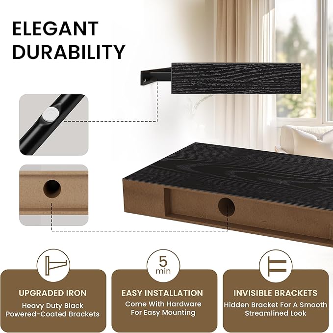 Floating Shelves for Wall, 36" W x 8" D x 1.5" H, Wooden Wall Mounted Display Shelves with Invisible Brackets for Living Room, Bedroom, Bathroom, Kitchen Decor and Storage, Set of 2, Black