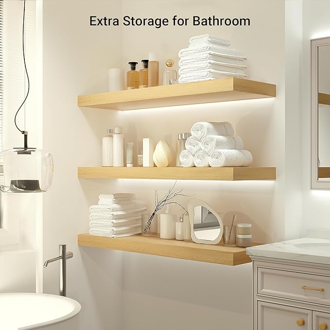 Heimlove 12 Inch Deep Floating Shelves, 72 x 12 inches Long Wall Shelf, Large Extra Display Shelf & Storage Shelf, Rustic Wood Wall Shelves for Fireplace Mantel, Oak - 1Pack