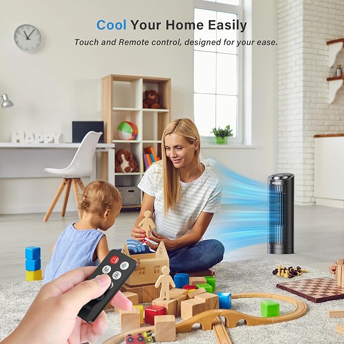 Tower Fan Bladeless with 3 Speeds, 4 Mode [AI, Normal, Natural, Sleep], Table Fan 80° Oscillation, Touch Screen + Remote Control, 12H Timer, 13" Desk Fan for Bedroom Home Office Desktop-Black
