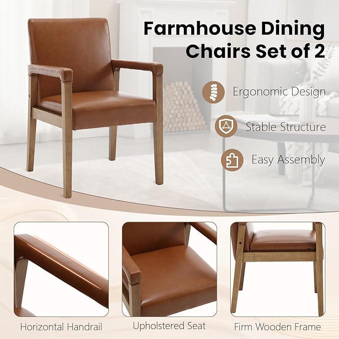 Kmax Modern Dining Chairs Set of 6 Faux Leather Kitchen Arm Chairs Upholstered Accent Chairs with Wooden Legs for Dining Room, Living Room, Bedroom, Brown