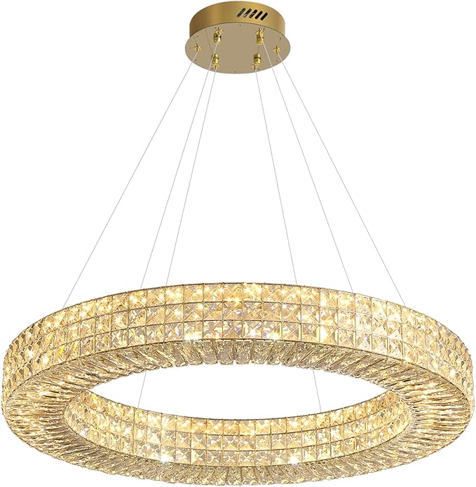 Dia 32" Ring Crystal Chandelier Modern Gold Chandelier Adjustable Height Luxury Crystal Pendant Ceiling Light Fixture for Dining Living Room Bedroom