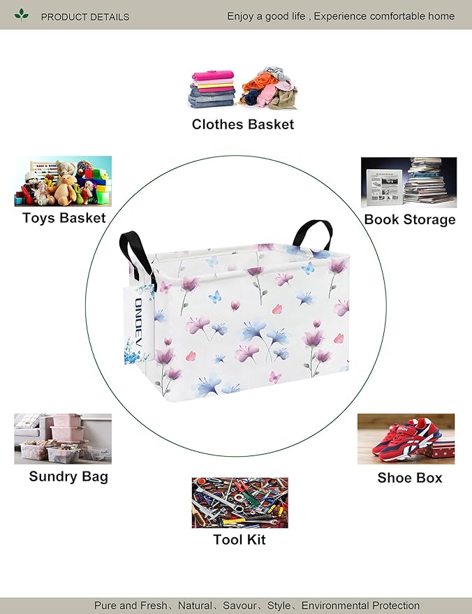 Rectangular Folding Laundry Basket,waterproof Canvas Basket,gift basket,Suitable for children's room,Office,Clothes,Toys Storage(Watermark flower)