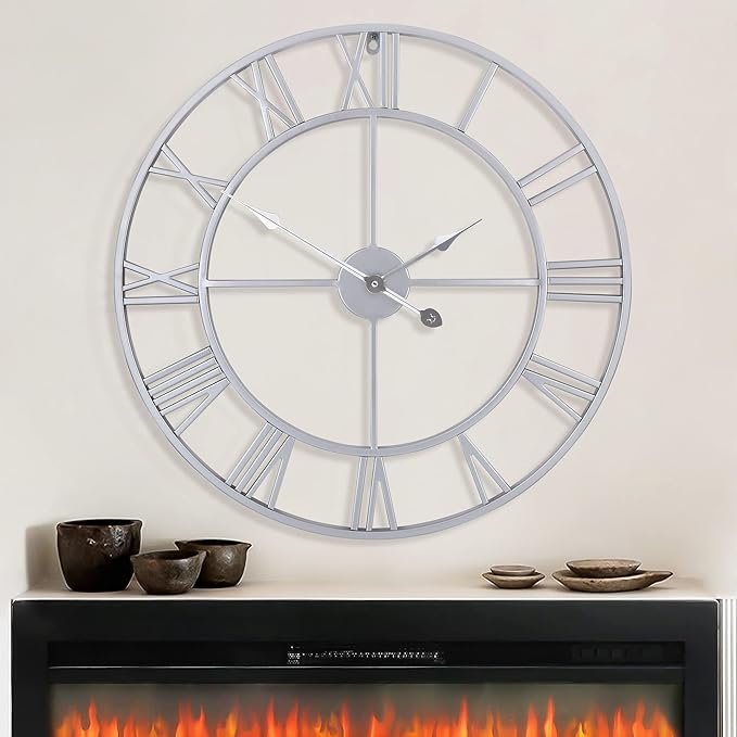 LEIKE 32" Large Modern Wall Clocks,Vintage,Round,Nearly Silent,Little Ticking,Battery Operated,Silver Metal Roman Numerals Clock for Living Room/Bedroom/Kitchen Wall Decor