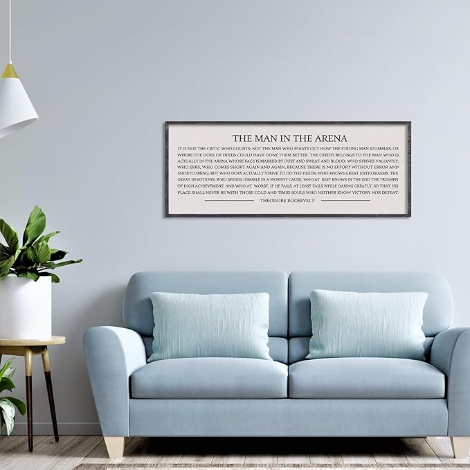 LuZhiQiang The Man in the Arena Wall Decor 40''x15'' Inspirational Quotes Office Wood Framed Sign Rustic Home Motivational Art For Man Entrepreneur Morden Living Room Wall Hanging Decor (Black)