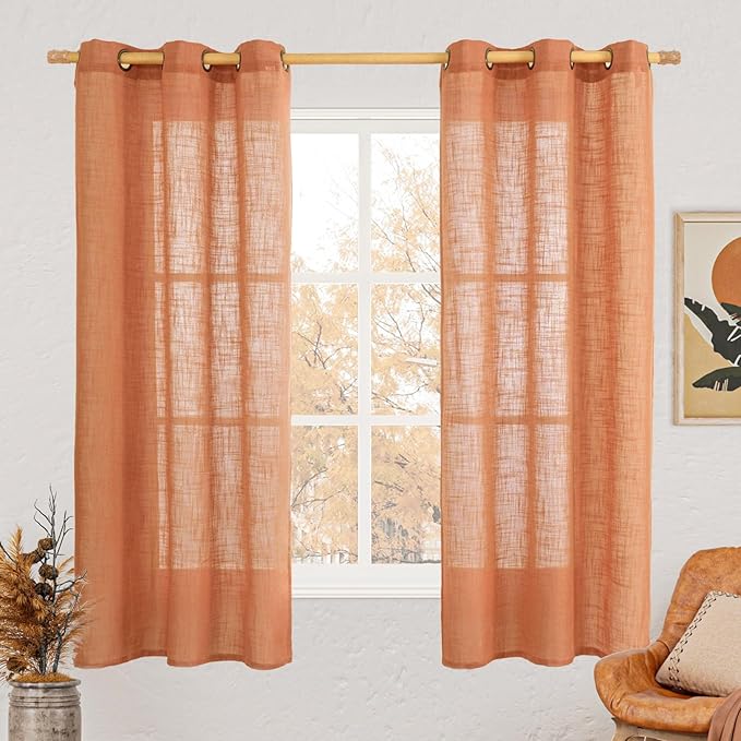 LAMIT Burnt Orange Semi Sheer Linen Curtains 63 Inch Length, Light Filtering Panels Bronze Grommet Country Decor Drapes for Bedroom/Living Room, 2 Panels, 34 x 63 Inch