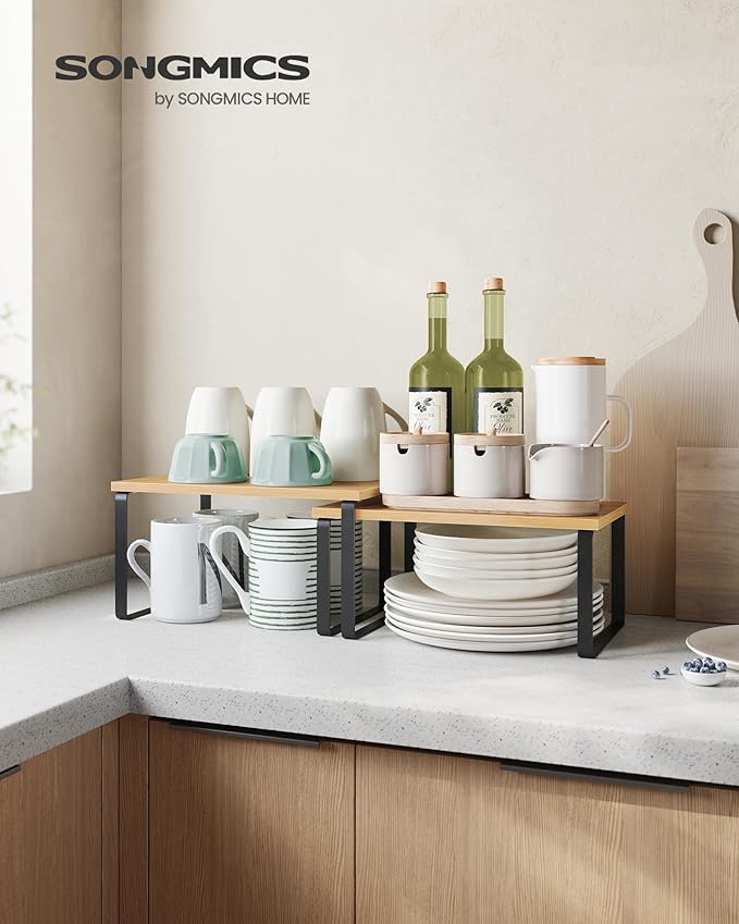 SONGMICS Cabinet Organizer Shelf, Set of 2 Kitchen Counter Shelves, Kitchen Storage, Spice Rack, Stackable, Expandable, Metal and Engineered Wood, Ink Black and Natural Beige UKCS02NB