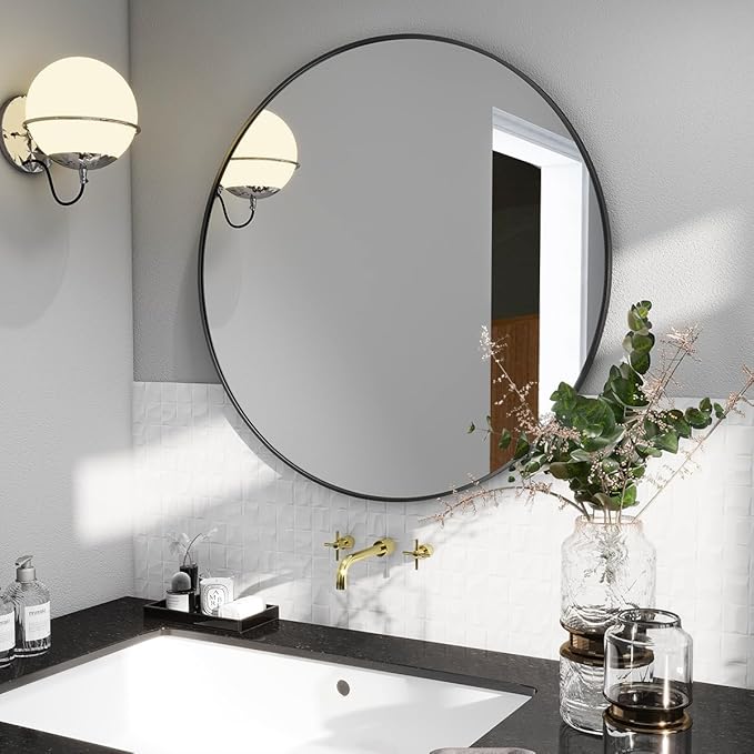 BEAUTYPEAK 24 Inch Round Mirror, Metal Frame Circle Mirror, Wall Mounted for Entryway, Bathroom, Vanity, Living Room, Black