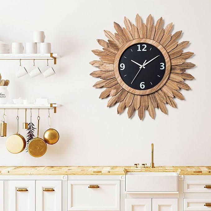 Honiway Large Wall Clock Battery Operated 21 in Rustic Wood Boho Sunburst Decorative Wall Clock Silent Non Ticking Farmhouse Wall Clocks for Living Room Bedroom Kitchen Bathroom Decor (Rustic Brown)