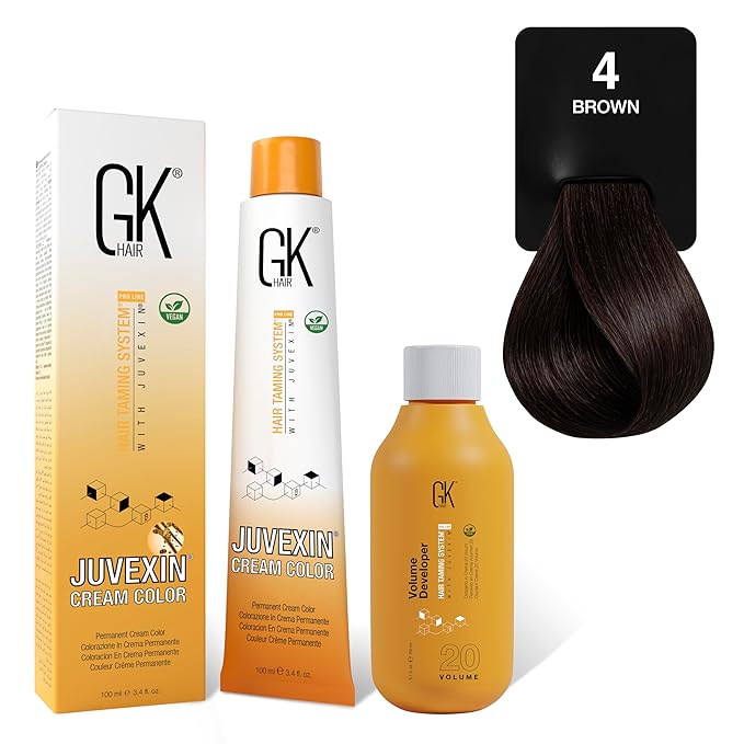 GK HAIR Global Keratin Natural 4 Brown Hair Color Cream Tube (3.4 Fl Oz/100ml) + 20 Volume Developer (5 Fl Oz/150ml) - Professional Permanent Long Lasting Toner Dye