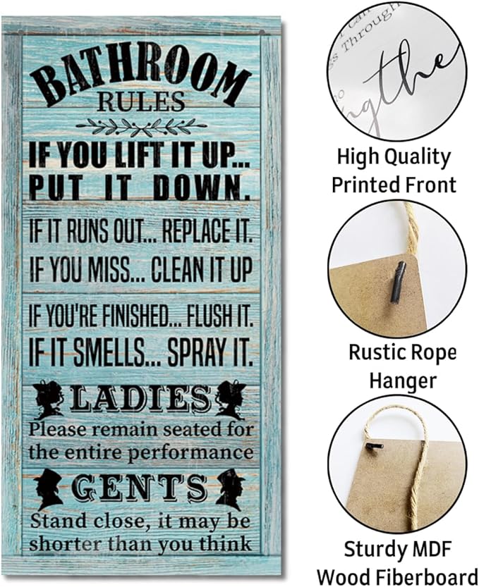 Rustic Western Bathroom Decor - Funny Wall Signs, Farmhouse Country Rules Wall Decor C1