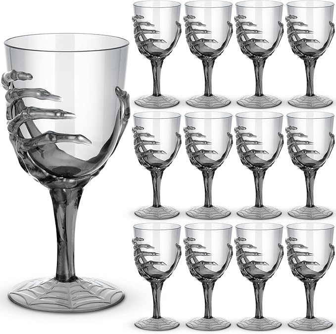 Dandat 12 Pcs Halloween Skeleton Hand Goblets 12oz Clear Plastic Halloween Cups Skull Wine Glass Set for Creepy Spooky Party Decorations (Black)