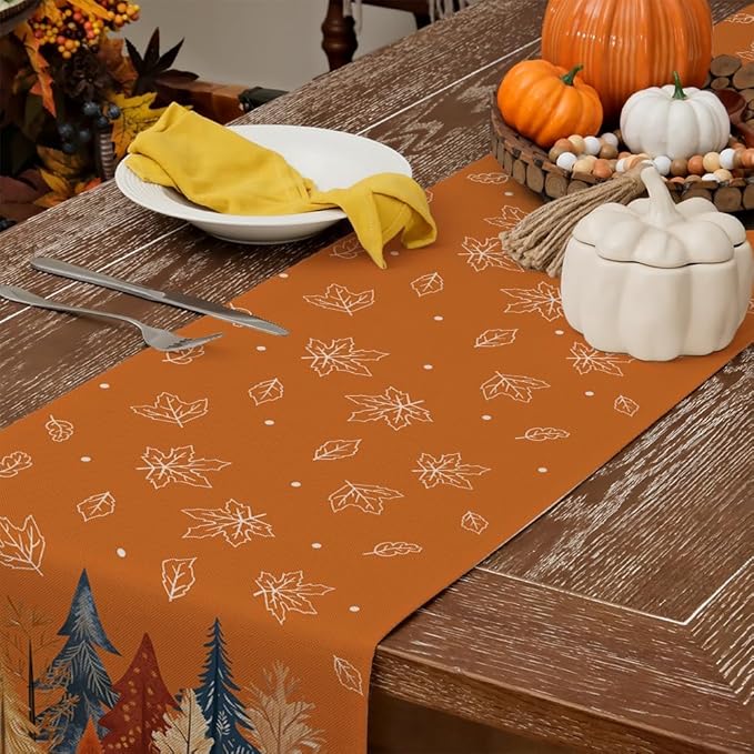 GEEORY Fall Watercolor Trees & Maple Leaves Table Runner 13x72 Inch, Rustic Farmhouse Autumn Thanksgiving Decor for Kitchen, Dining, Indoor/Outdoor Holiday Dinner Party Orange GT158-72