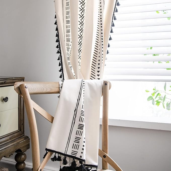 Sutuo Home Boho Curtain 84 Inches Length for Bedroom, Printed Cotton Linen Geometry Rod Pocket Chic Semi Blackout Bohemian Tassels Window Treatment for Living Room, 1 Panel 59" W x 84" L, Black