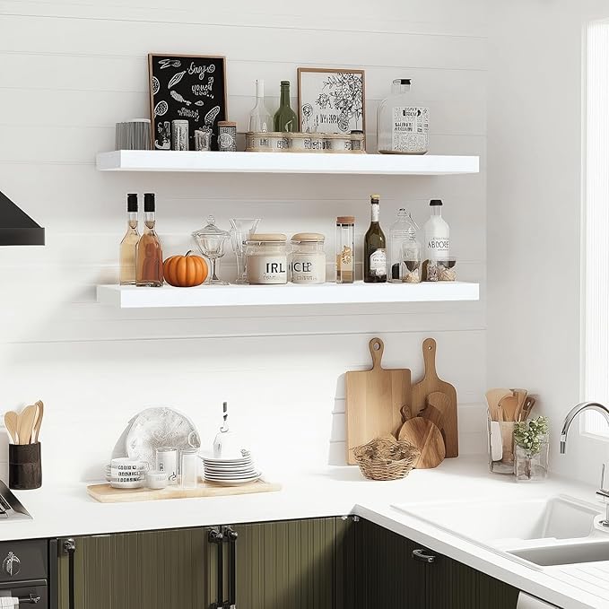 Floating Wall Shelves 2-Pack - 36-Inch Rustic White Wooden Shelves for Storage and Décor, Easy Installation for Living Room, Bedroom, and Kitchen