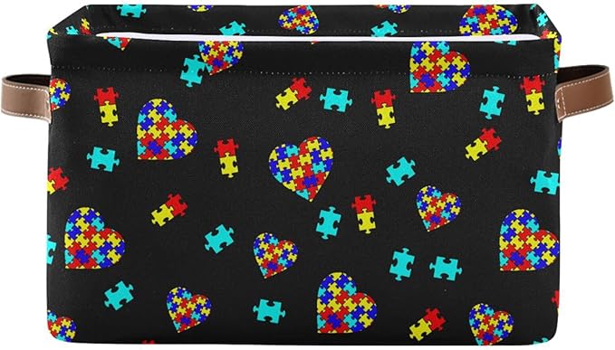 Multicolor Storage Basket Bin Autism Awareness Puzzle Pieces Heart Organizer Collapsible Shelf Cube with Handle for Nursery Bedroom Bathroom