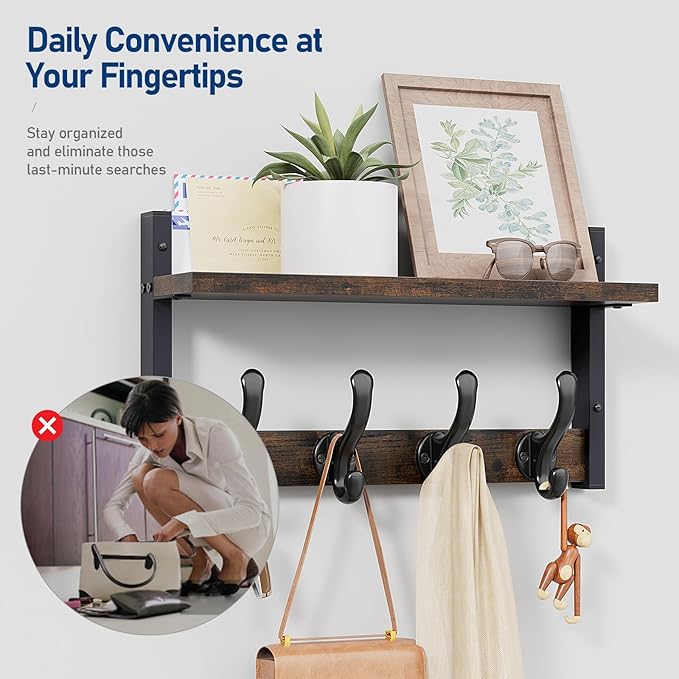 Tatub 16" Rustic Coat Rack Wall Mount with Shelf, Wall Hooks with Shelf, Heavy Duty Entryway Organizer Hangers for Hanging, Hat, Bag, Jacket for Bathroom, Living Room, Bedroom