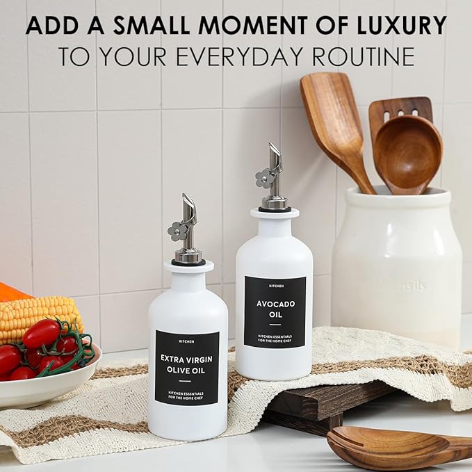 HOMCDALY Olive Oil Dispenser for Kitchen, 11.8oz Glass kitchen Dispenser Bottle, White Oil&Vinegar Cruet Set, Leakproof Oil Bottle for Cooking| Set of 2 (11.8oz – White)