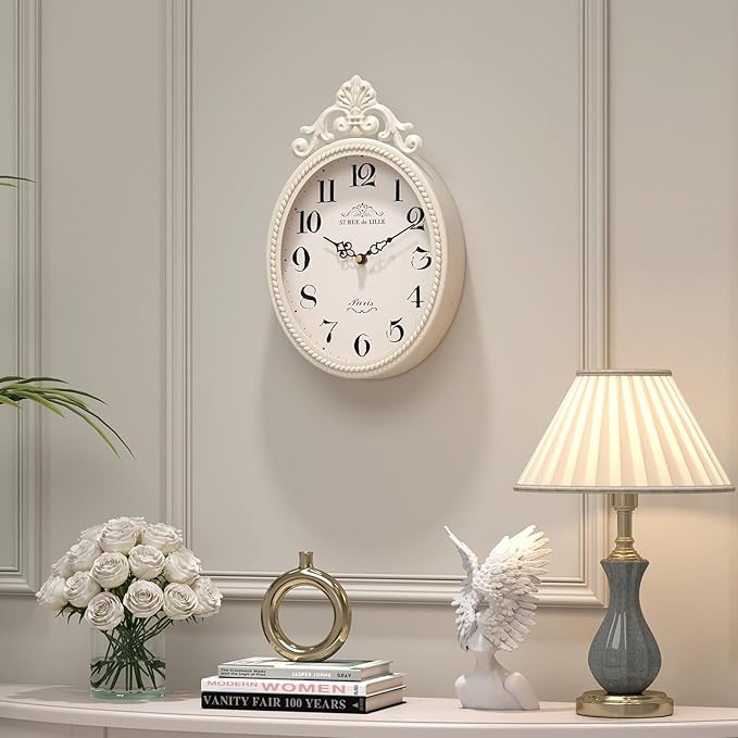 Abdurey Small French Retro Decorative Wall Clock, Ivory White Vintage Oval Style,Silent Battery Operated Boho Decor Wall Clocks for Farmhouse,Kitchen,Bedroom,Bathroom(10.4" H x 6.7" W)