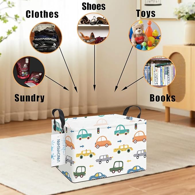 LANGYASHAN Rectangular Storage Bin Collapse Canvas Fabric Cartoon Storage Basket with Handles for Organizing Home Kitchen Boys and Girls Toys Office Closet Shelf Baskets(Rec Color Cars)