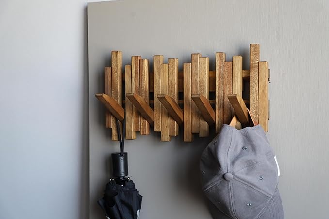 Natural Wood Wall Mounted Piano Coat Rack| Coat Rack Wall Mount| Flip Down Wall Hook Rack 5 Hooks| Entryway Wall Art Hook,Made of Acacia Wood (Wood Wax Oil staining Light Brown).