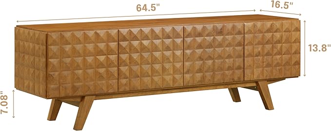 NTC Sapa Mid-Century Modern Solid Wood TV Stand 4-Door Media Console with Carved Geometric Fronts for TVs up to 75", Effortless Assembly, Teak Look
