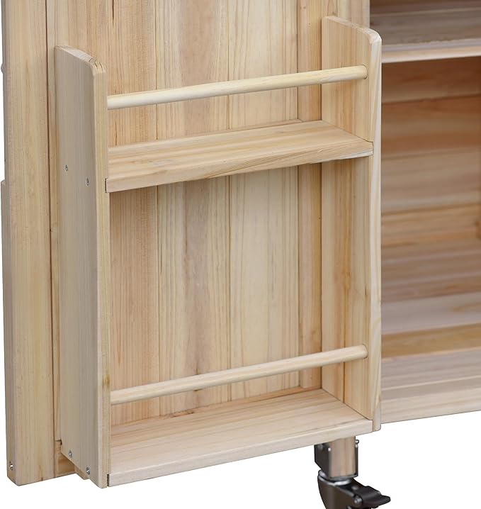 Outdoor Grill Table with Stainless Steel Top, Farmhouse Solid Wood Kitchen Island Cart with Internal Storage Rack, Outdoor Bar Cart with Storage Cabinet, Spice & Towel Rack, Natural