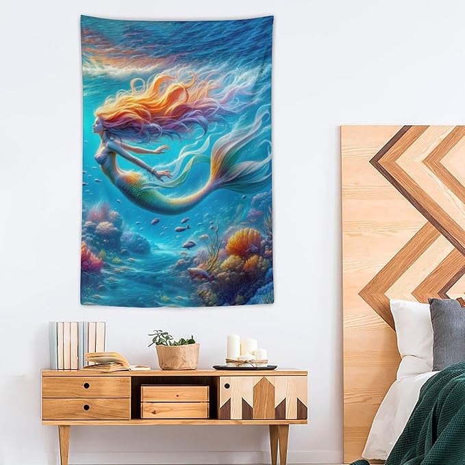 Mermaid Tapestry Ocean Tapestries Coastal Fabric Wall Hanging Aesthetic Space Indoor Outdoor Wall Art Tablecloth Bedspread Decoration for Girl’s Bedroom Dormitory Living Room Home Decor 40"x60"