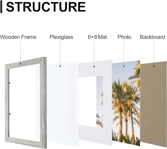 Vittanly 9x12 Picture Frames Set of 9, Shatter Resistant Plexiglass, Display 6x8 Pictures with Mat or 9x12 without Mat, Photo Frames for Wall or Tabletop, Engineered Wood, Grey