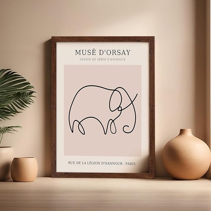 Poster Master Vintage Poster - Retro One Line Elephant Drawing Print - Elephant Art - Minimal Gift for Men, Women, Animal Lover - Abstract Wall Decor for Home, Office, 16x20 Brown Framed