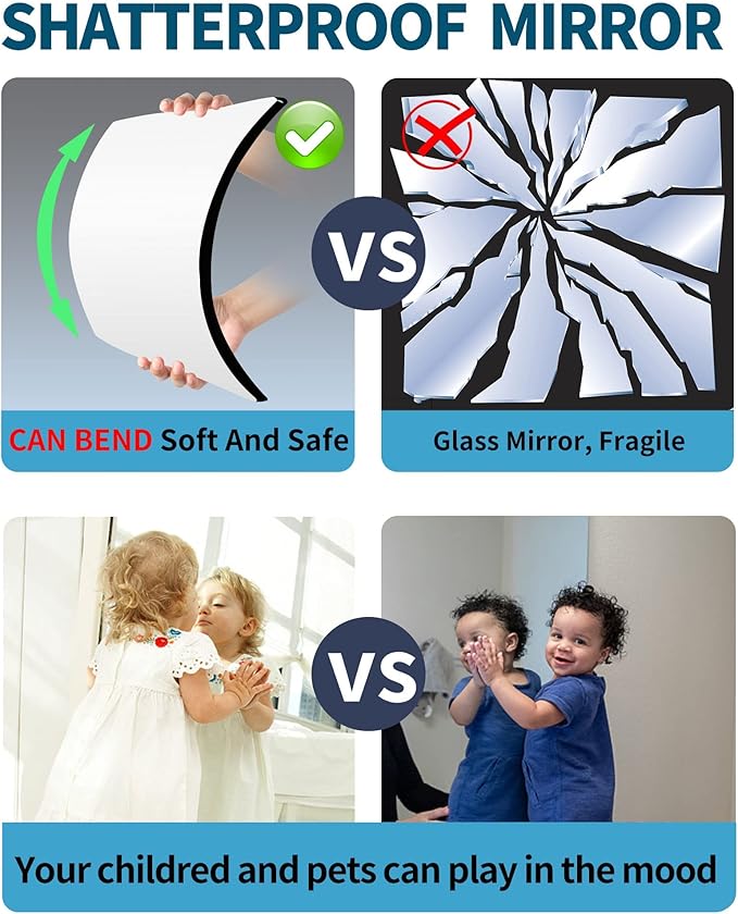 Shatterproof Wall Mirror Full Length for Bedroom, Acrylic Gym Mirrors For Home, Extra Thick: 0.12 inch, 14 x 14 inch x 4 Pcs, Workout Mirrors Safe for Kids, Over The Door, Long Wall Mounted