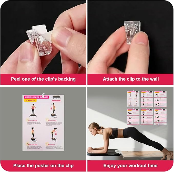 Vibration Plate Exercise Machine Poster - Upgraded 6 Workout Guidance & 10 Pcs Planner & 10 Pcs Double-Sided Clips, Comprehensive Whole Body Wave Vibrating Workout Chart, Pink