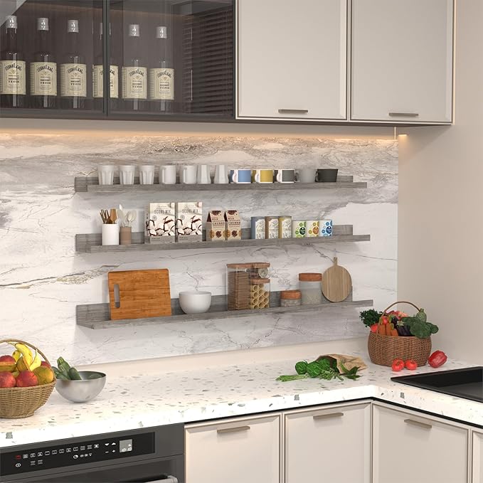 Giftgarden 47 Inch Gray Floating Shelves for Wall Mount, Grey Wood Wall Shelf Ledge for Bathroom Bedroom Living Room Kitchen Storage, Set of 3 Different Sizes