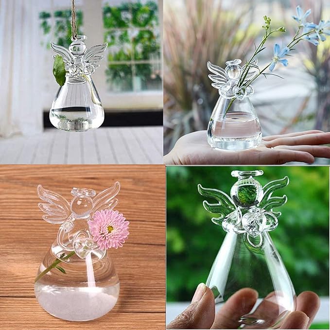 Angel Design Glass Vases Clear Flower Plant Terrarium Container Hanging Vase Wedding Decor Garden Ornaments Hanging Planter (Pack of 5)