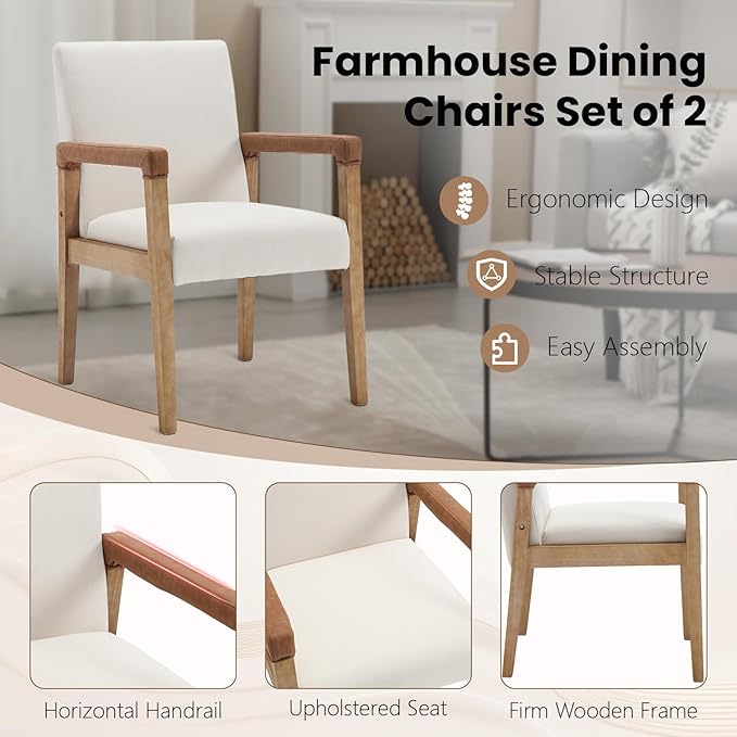 Kmax Modern Dining Chairs Set of 2 Linen Fabric Kitchen Arm Chairs Upholstered Accent Chairs with Wooden Legs for Dining Room, Living Room, Bedroom, White