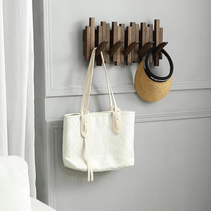 Wall Mounted Piano Coat Rack| Coat Rack Wall Mount| Flip Down Hook Rack 5 Hooks| Entryway Wall Art Hook,Made of Acacia Wood (Wood Wax Oil Dyed Walnut Color).Wall Art