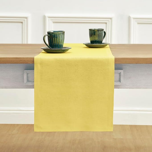 Solino Home Linen Table Runner 48 Inches - 100% Pure Linen Sunshine Yellow Table Runner 14 x 48 Inch Ideal for Dresser and Coffee Tables - Fete