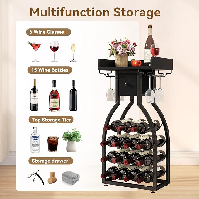 IBUYKE Wine Rack Freestanding Floor,Wine Storage 15 Bottles Bottle Rack with Glass Holders, Mini Bar Wine Cabinet with Storage Drawer for Home Bar Kitchen Dining Room,Black,UTMJ908B