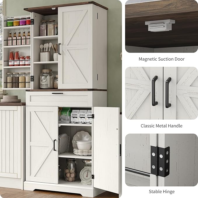 72'' Kitchen Storage Pantry Cabinet, Tall Storage Cabinet with 8 Door Shelves, 2 Cabinets and 1 Drawer, Freestanding Cupboard for Kitchen, Dining Room, Bathroom, Laundry, Off White