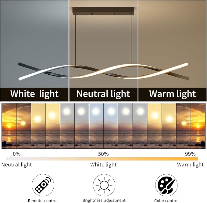 Modern Ceiling Pendant Light, Dimmable LED Pendant Light, Dimmable 3 Color Mode Chandelier for Living Room, Dining Room, Kitchen, Bedroom,Bar(Black, 39IN)