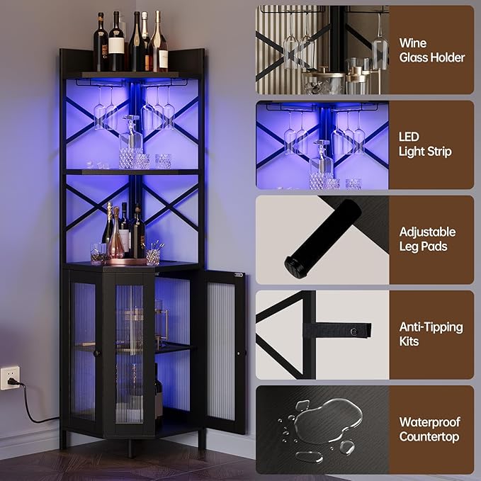 Corner Bar Cabinet with Power Outlet, 5-Tier Corner Wine Cabinet with Led Strip and Glass Holder, Industrial Tall Liquor Cabinet Bar Wine Rack for Home，Black