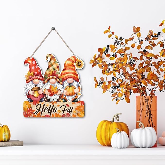 Hello Fall Wood Hanging Gnome Decoration, Autumn Wooden Signs, Rustic Thanksgiving Decoration, Home Interior And Exterior Decor, Autumn Harvest Thanksgiving Home Decor