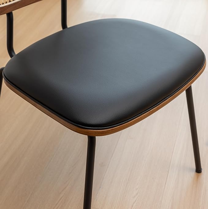 Rattan Dining Chairs Set of 2, Mid Century Modern Dining Chairs with Cane Back for Kitchen Dining Room, 19 Inch Faux Leather Black