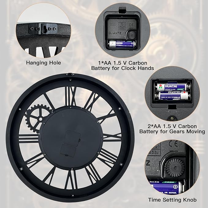 The B-Style Large Wall Clock 24 inch Moving Gear Wall Clock Oversized Vintage Farmhouse Wall Clocks for Living Room Decor Rustic Industrial Wood Clock (Silver Gray, 36 inch/90cm)