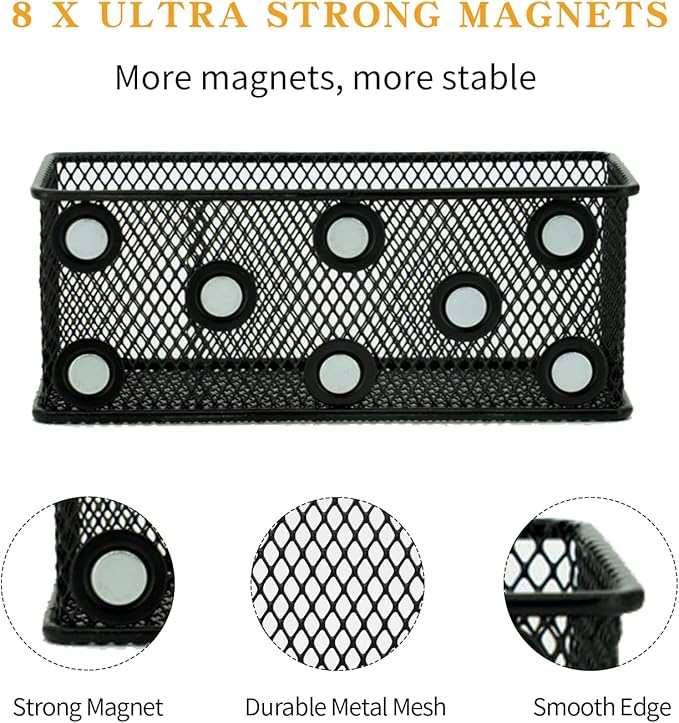 Neudeco Magnetic Locker Organizer and Accessories，Wire Mesh Magnetic Storage Basket ,Magnetic Holder for Dry Erase Markers,Strong Magnet Pen Holder for Fridge School,Pack 3 (Black)
