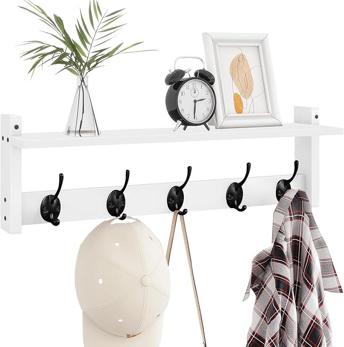 Homode Coat Rack with Wall Shelf and Hooks - 24 Inch Long, Wooden Hanging Coat Hanger with Hat Shelf for Entryway, Bathroom, Mudroom, White