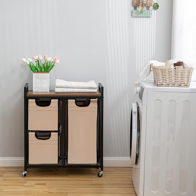 Laundry Basket Organizer - Hampers with 3 Compartments, Sliding Laundry Sorter Bags, Top Storage Shelf, Metal Frame