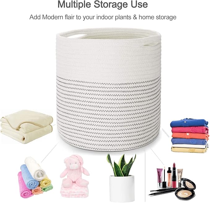 Woven Cotton Rope Plant Basket for 11 12" Flower Pot Floor Indoor Planters, Decor Basket for Plants Storage Organizer Modern Home Decor (12" x 12", White)