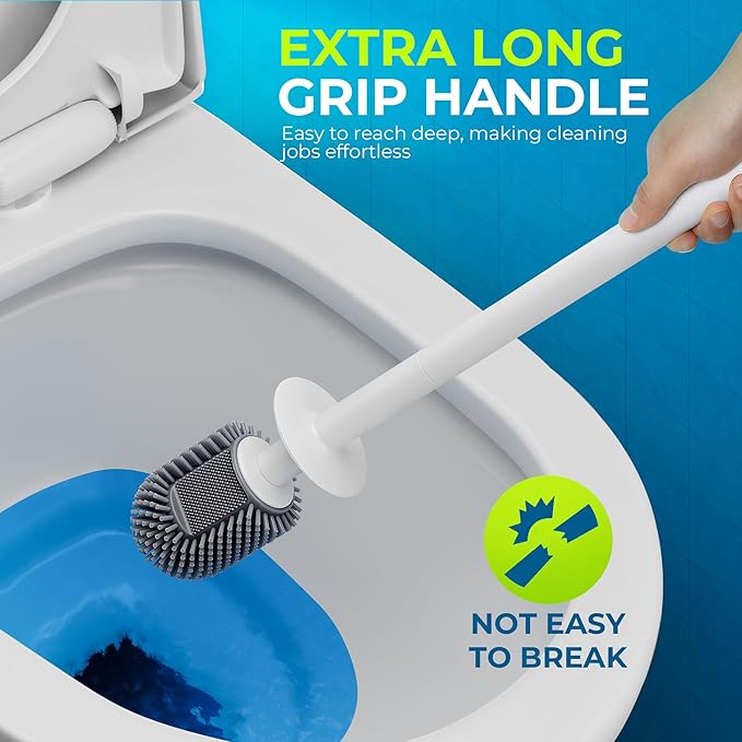 Silicone Toilet Brush and Holder Set with L-Shaped Brush Head, Wall Mounted Toilet Brush Set with Long Non-Slip Handles, Compact Toilet Bowl Cleaner Brush Suitable for RV Trailers & Bathroom (2 Pack)